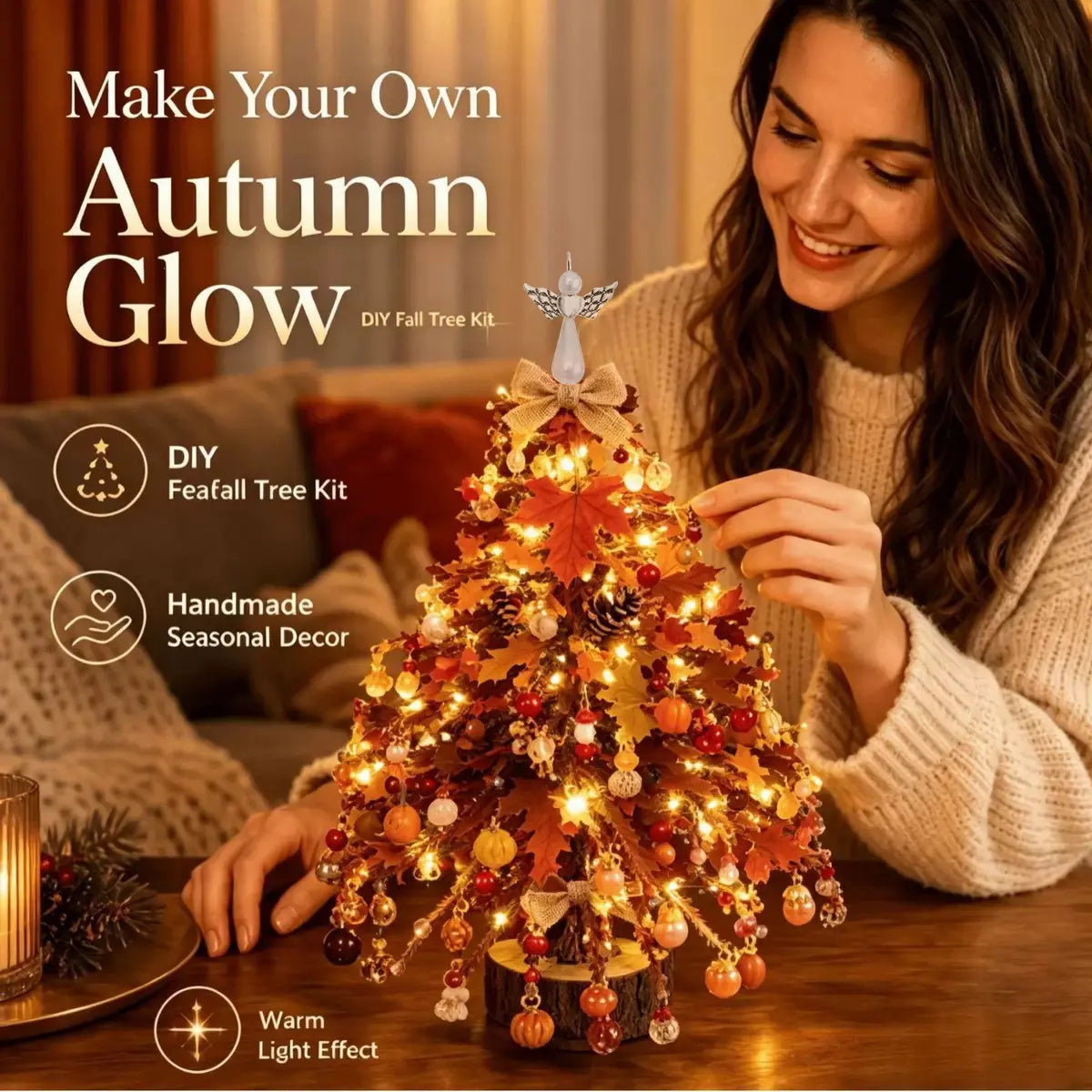 Woman decorating an Autumn Glow DIY beaded tree with fall leaves, pumpkin ornaments and warm lights
