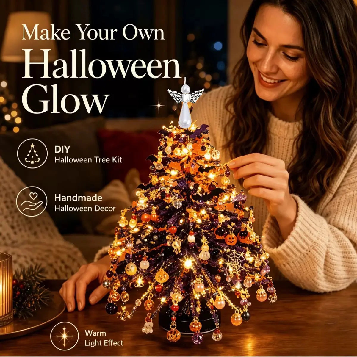 Woman decorating a Halloween Glow DIY beaded tree with pumpkins, bats, spiderweb ornaments and warm lights