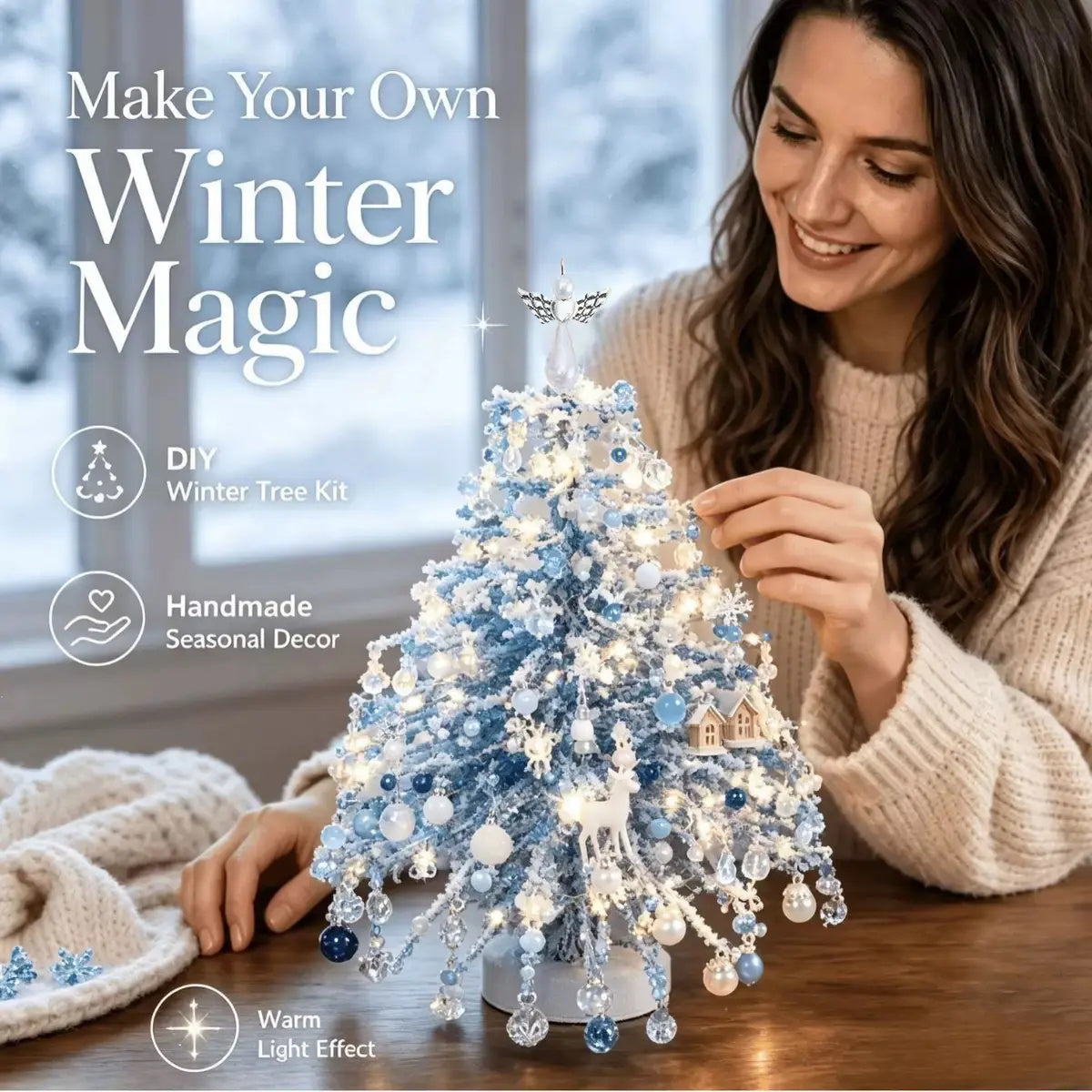 Woman crafting a Winter Magic DIY beaded tree with blue and white decorations, angel topper and warm lights
