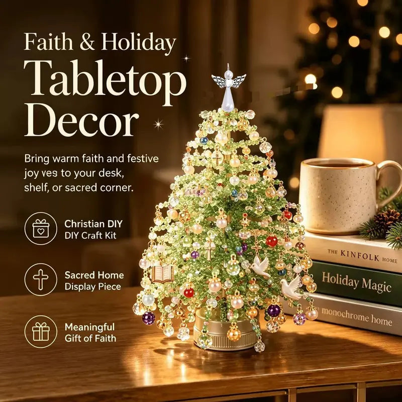 Faith & Grace DIY beaded tree with Christian charms, angel topper and warm tabletop holiday decor