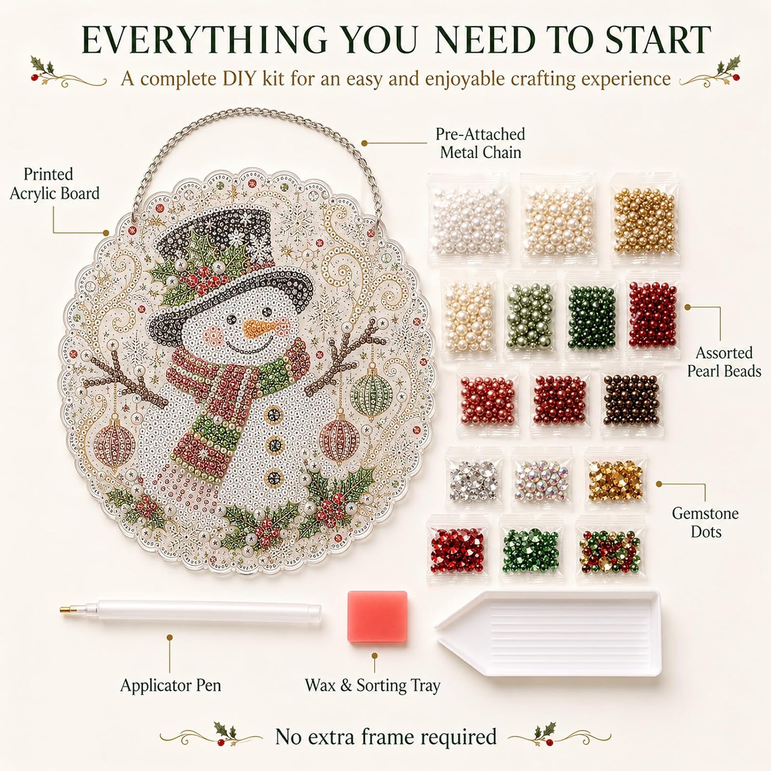 Christmas pearl suncatcher DIY kit with acrylic board, pearl beads, gemstone dots, metal chain and crafting tools
