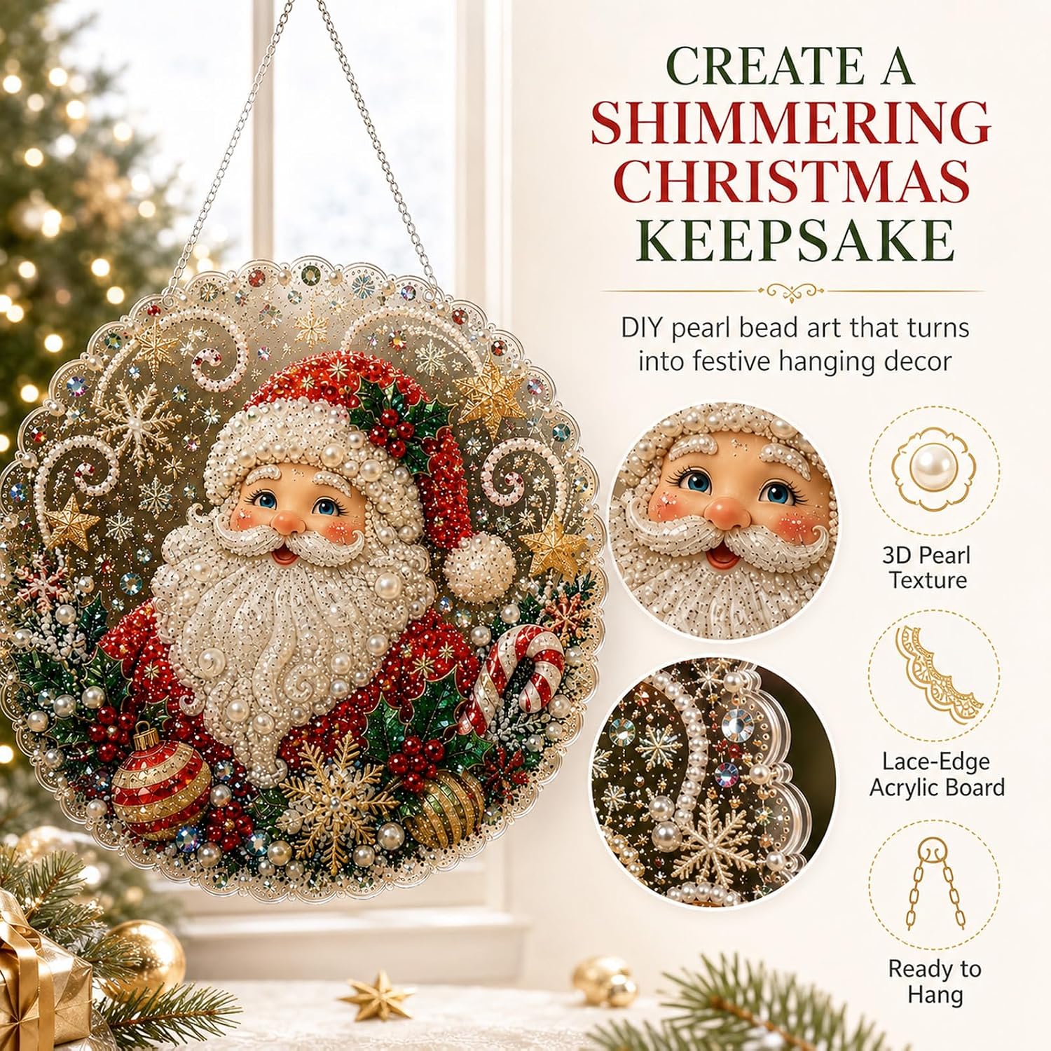 Christmas Santa pearl suncatcher with 3D pearl texture, lace-edge acrylic board and hanging chain