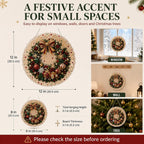 Christmas pearl suncatcher size guide showing 8-inch and 12-inch ornaments on window, wall and tree