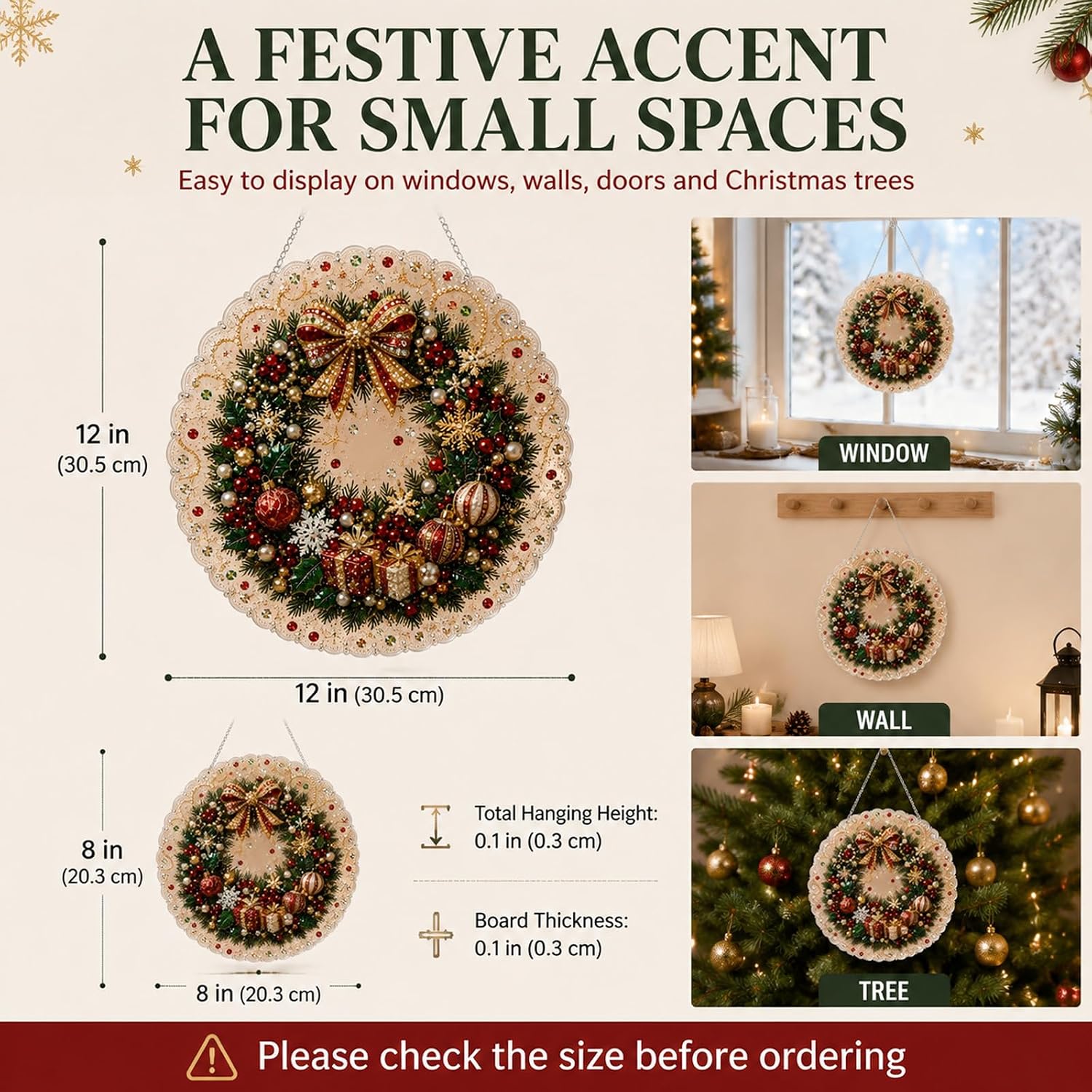 Christmas pearl suncatcher size guide showing 8-inch and 12-inch ornaments on window, wall and tree