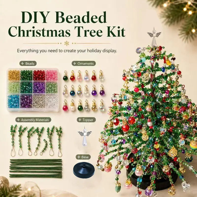 DIY beaded Christmas tree kit with beads, ornaments, assembly materials, angel topper and base