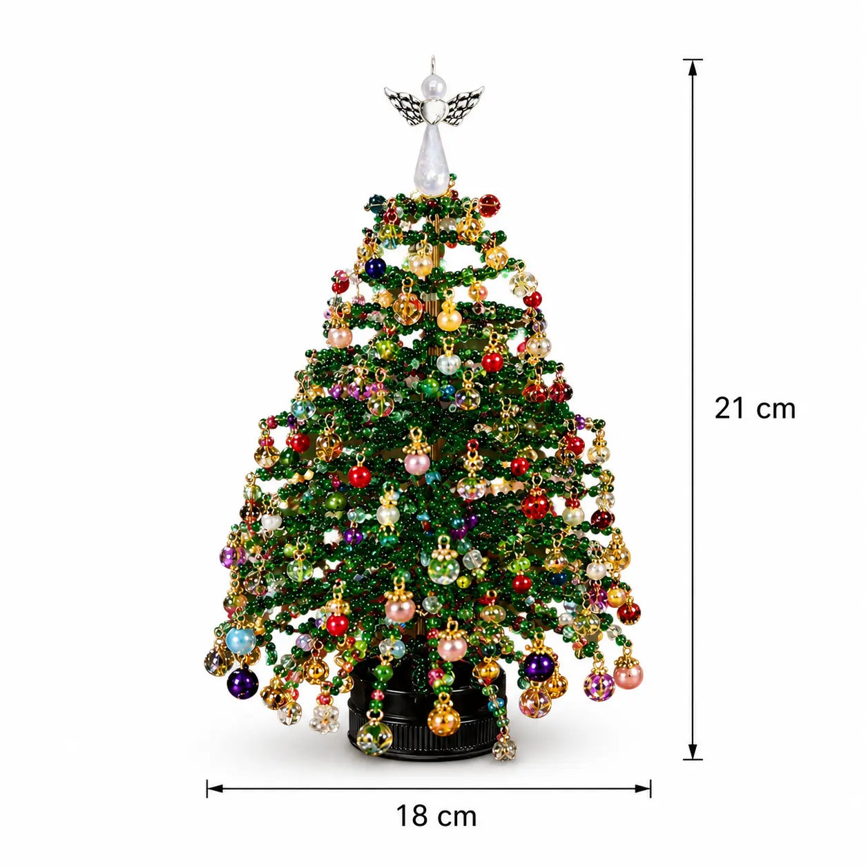 DIY beaded Christmas tree size guide showing 21 cm height and 18 cm width