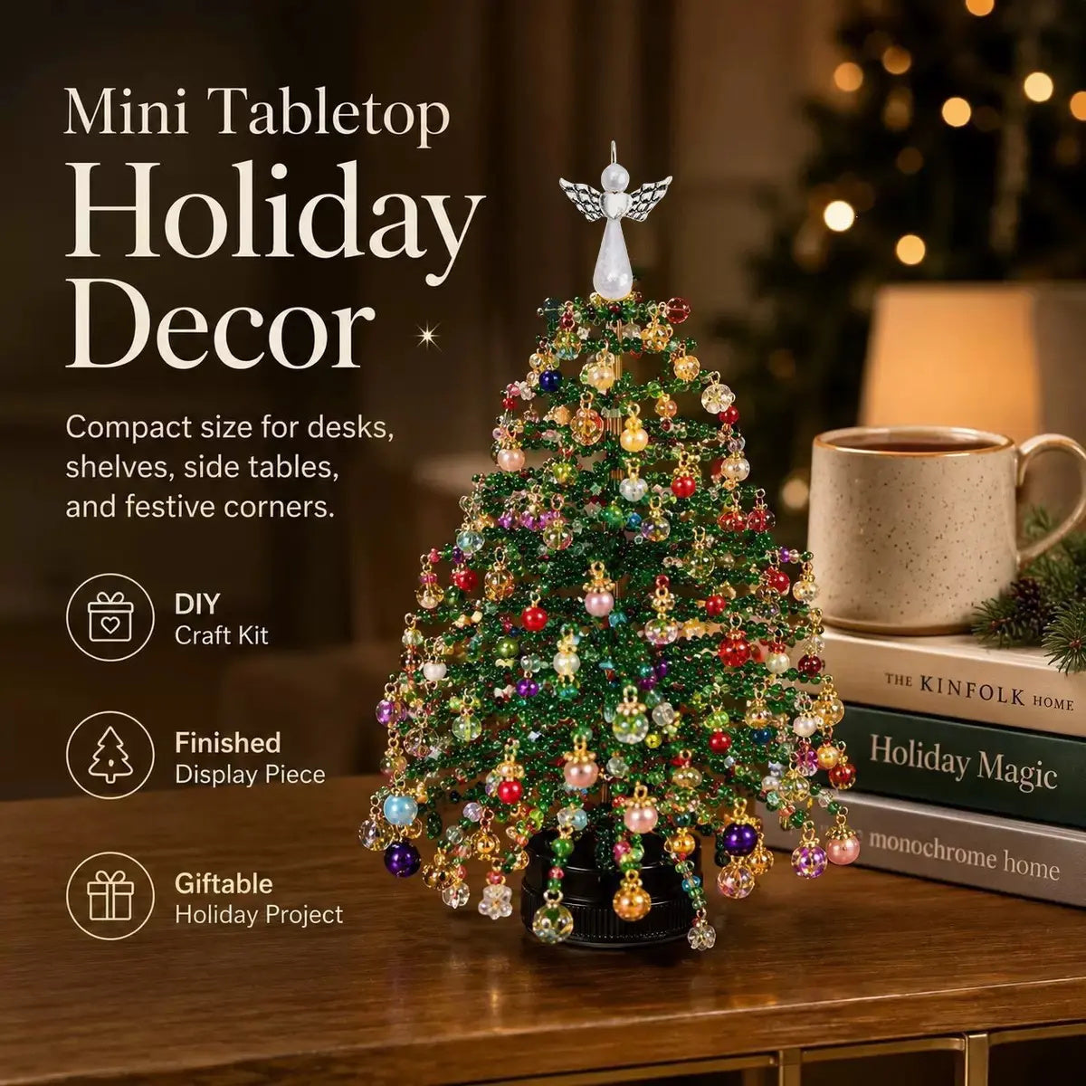 Finished DIY beaded Christmas tree displayed as sparkling tabletop holiday decor