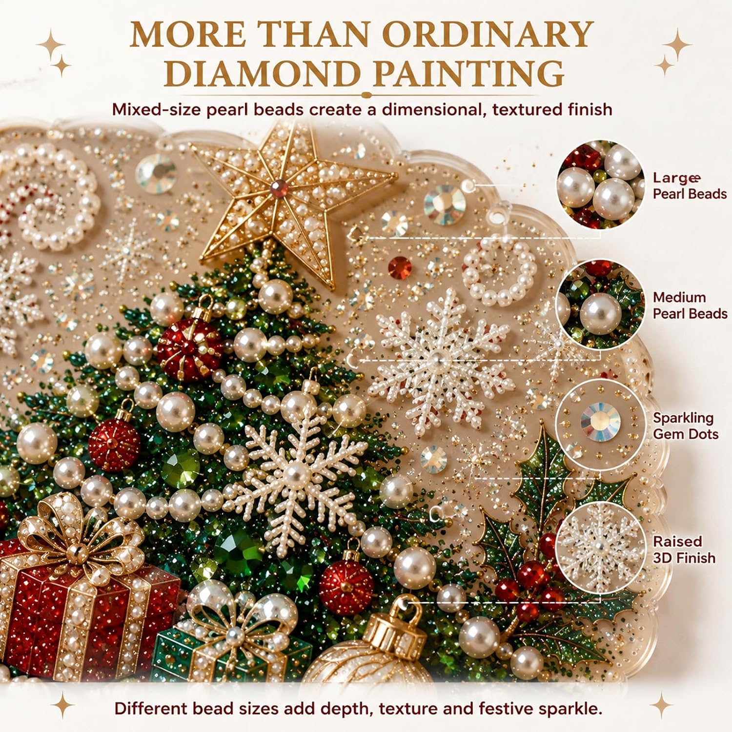 Close-up of Christmas pearl suncatcher with mixed-size pearl beads, sparkling gem dots and raised 3D texture